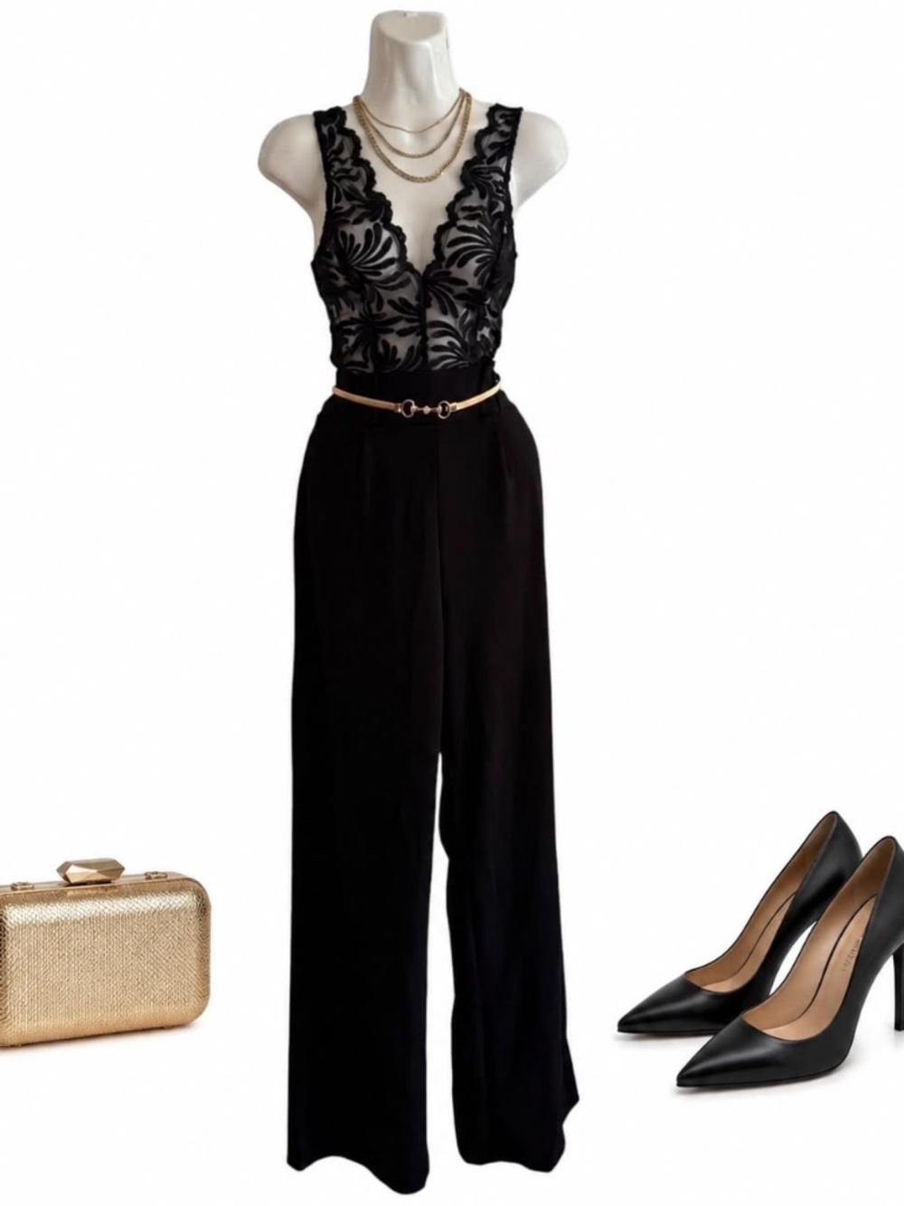 Fashion Nova NWT Black Lace Wide Leg Jumpsuit Size Medium